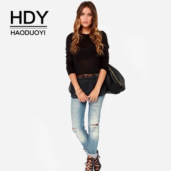 

HDY Haoduoyi Autumn Fashion Personality Casual Lace Patchwork Spliced Loose Sexy Elegant Long-sleeved Crewneck Pullover Sweater