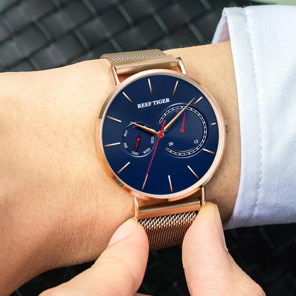 

New REEF TIGER/RT Brand Luxury Dress Watch Blue Dial Rose Gold Men Quartz Steel Waterproof Watch Men Relogio Masculino RGA1664