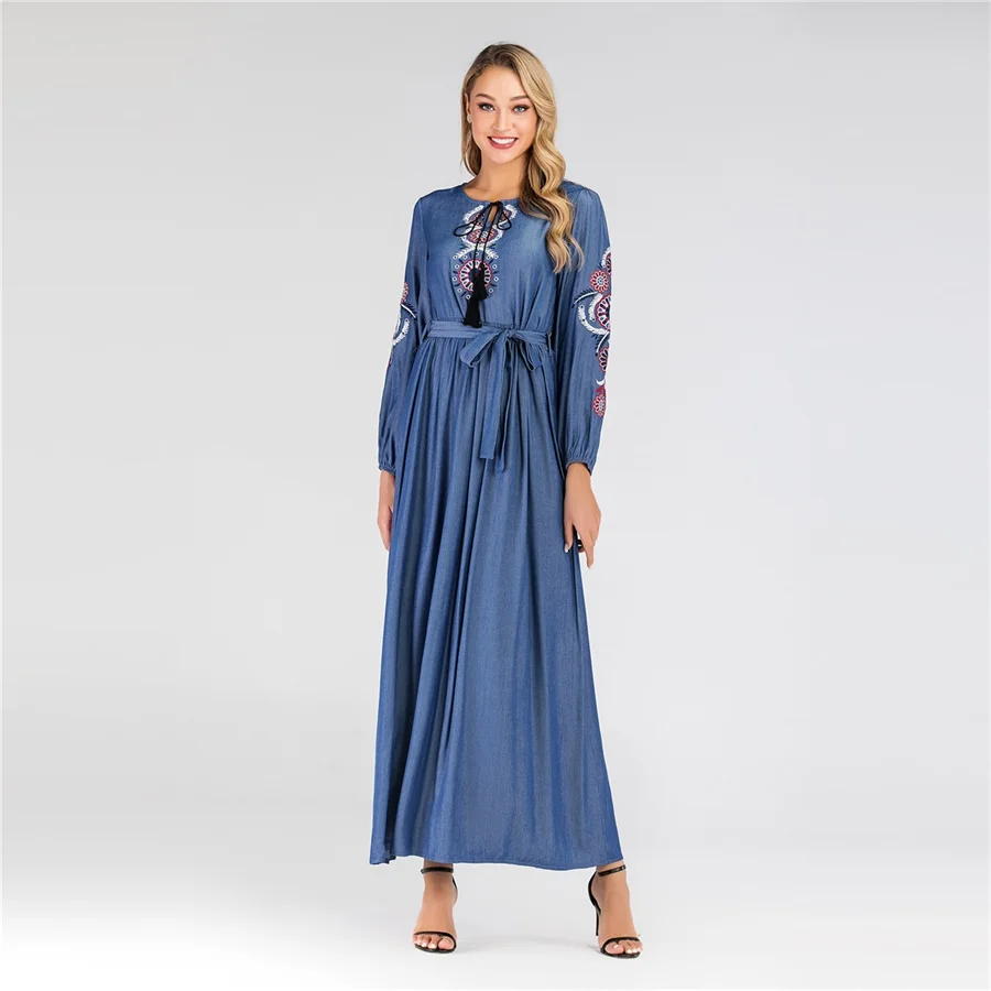 Siskakia джинсовое мусульманское длинное платье с вышивкой, длинный рукав, трапециевидные макси платья, женские синие пояса, Арабская Исламская повседневная одежда