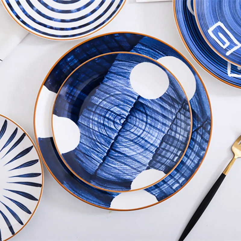 

8/10 Inches Japanese Plate Retro Hand-painted Blue Flower Ceramic Steak Plate Western Tableware Home Breakfast Dinner Plate