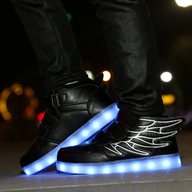 Black Red USB Charging Led Children Shoes With Light Up Kids Casual Boys&Girls Luminous Sneakers Glowing Shoe Hook&Loop