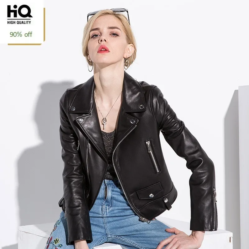 

New Women Sheepskin Genuine Leather Jackets Autumn Winter Black Motorcycle Biker Jacket Ladies Real Leather Coats Chaqueta Mujer