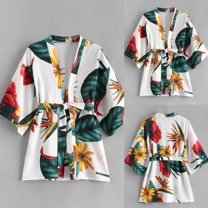 

Women Cover Up with Belt Plant Print Kimono Style Bat Sleeve Kimono Style Blouse Summer Cover Up Sexy Beach Wear Tunic Swimsuit