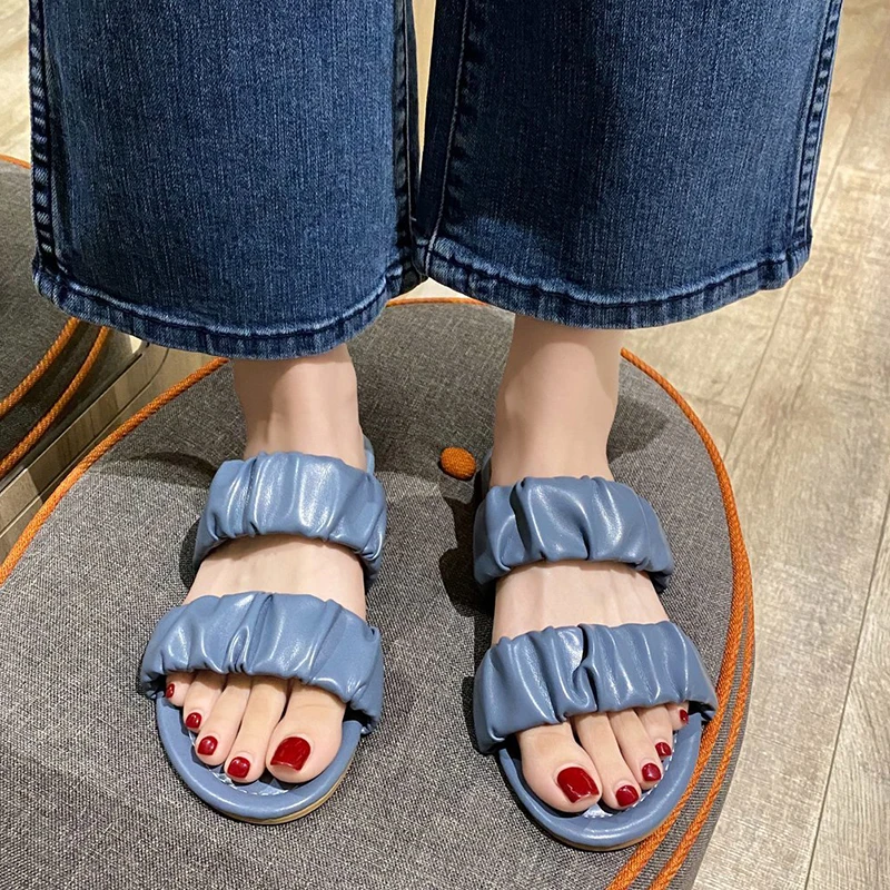 Rimocy Solid Color Leather Women Pleated Slippers Summer Fashion Strap Low Heel Sandals Woman Lightweight Soft Sole Beach Slides | Обувь
