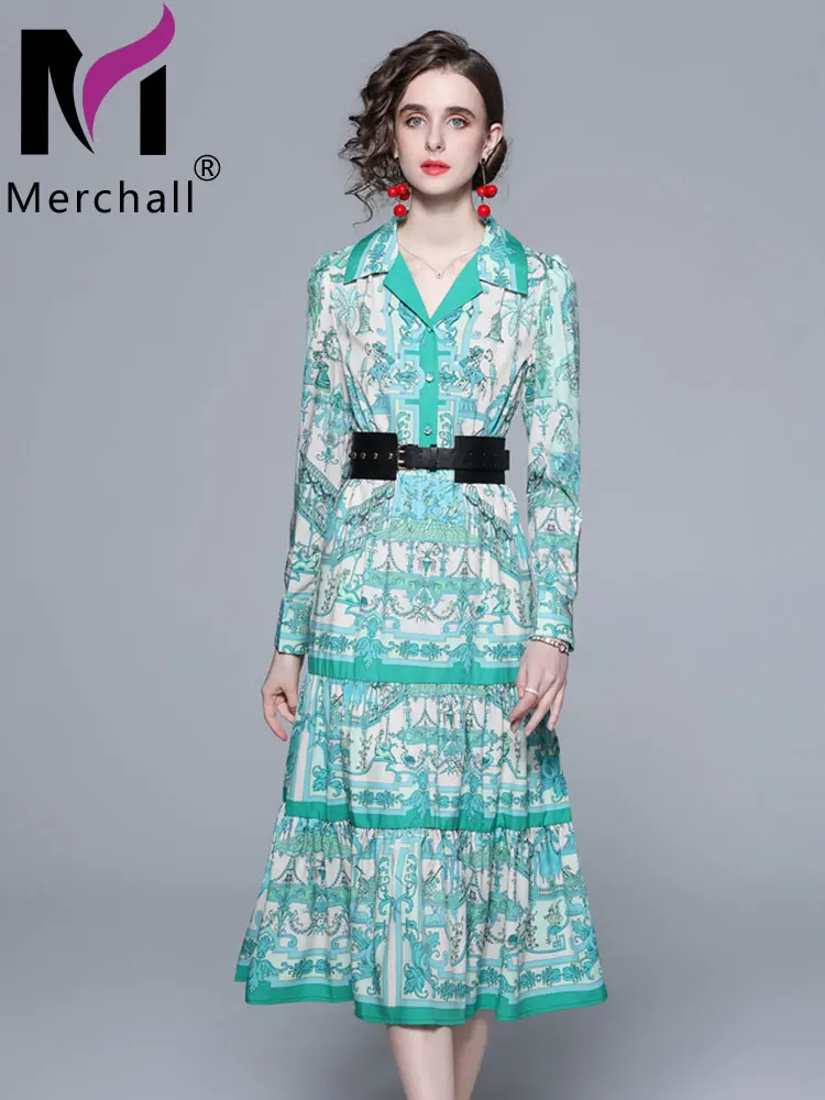 

Merchall Spring Elegant Green Shirt Dress Female's Turn-down Colalr Long Sleeve Flower Print Runway Designer Party Dress M6A383