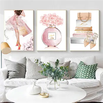 

3 Pieces Fashion Woman Poster Perfume Bottle Canvas Painting Peony Flower Art Print Lips High Heels Pictures Home Paintings