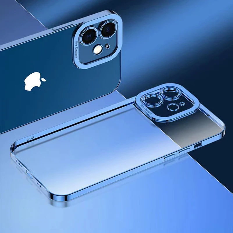 Luxury Plating Metal Camera Protection Square Case For iPhone 13 12 11 Pro Max X XR XS 7 8 6 Plus Solid Color Clear Cover | Мобильные