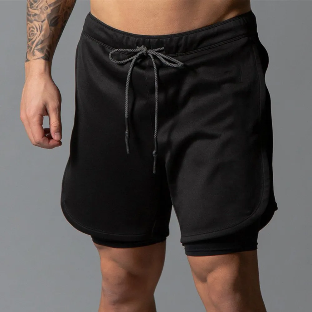 Black (Solid color) Мужские шорты 2 в 1 для пробежки, спортзала, фитнеса, тренировок, быстросохнущие короткие штаны, мужские летние спортивные тренировочные двухслойные Бермуды - Цвет: Black (Solid color)