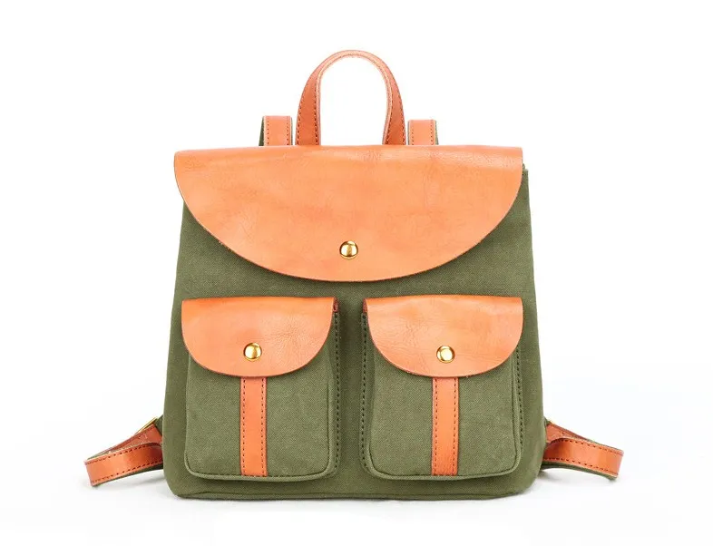 

canvas+leather patchwork women rucksack small outdoor casual backpack