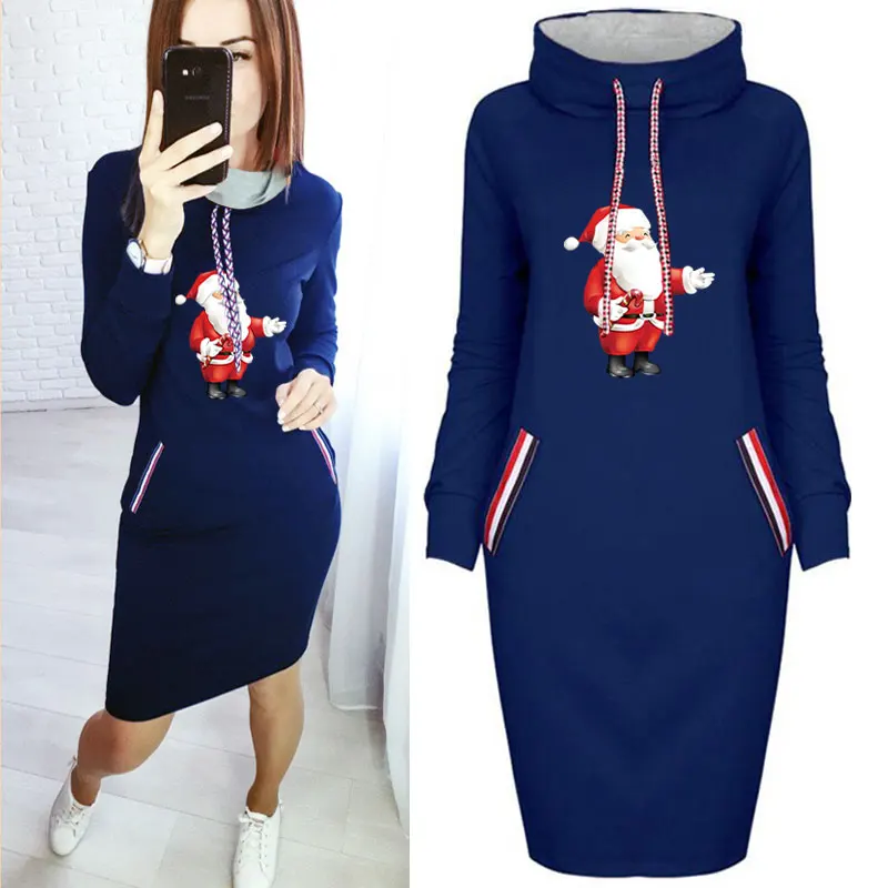 

Woman Winter Thin Midi Dress Plus Size Santa Claus Elk Print Dresses Long Sleeve Christmas Bodycon Party Gifts Short Dress