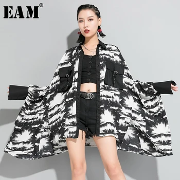 

[EAM] Women Black Letter Printed Big Size Blouse New Lapel Long Sleeve Loose Fit Shirt Fashion Tide Spring Autumn 2020 1R650