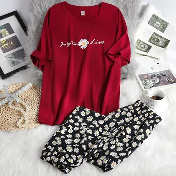 

Spring Autumn New Women Cotton Homewear Fall Casual 2 Pieces Set Madam Fresh and sweet Home Clothes Female Pajamas