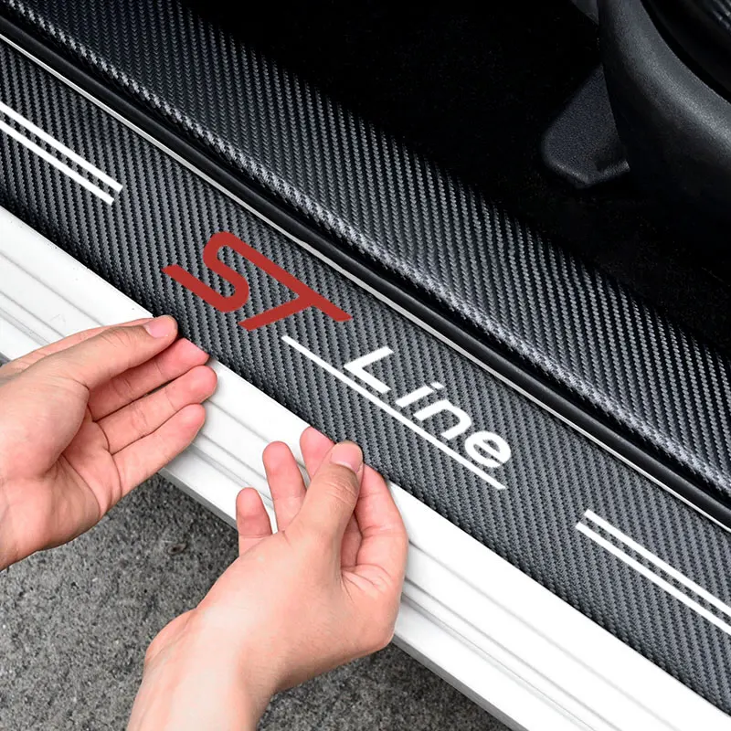 4pcs Car Door Sill Protector Carbon fiber Pattern Leather Sticker For Ford Focus Mk3 Mk4 St Line Car Logo Vinyl film Accessories