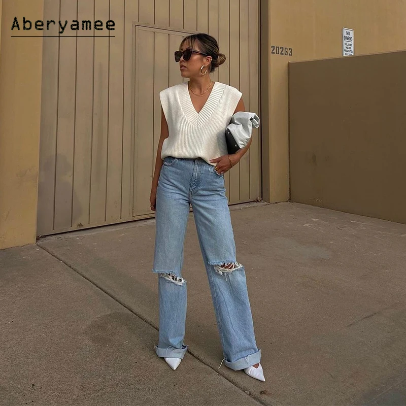 Aberyamee Jeans strappati al ginocchio donna pantaloni larghi larghi con  nappine da pavimento pantaloni da donna a vita alta pantaloni dritti in  Denim lavato 2021 nuovo|Jeans| - AliExpress