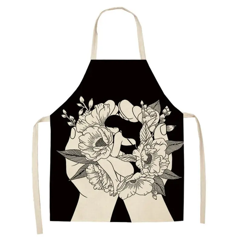 Black White Aprons Women Men Flower Cotton Linen Aprons for Kitchen Home Cooking Baking Cleaning Accessories WQ115