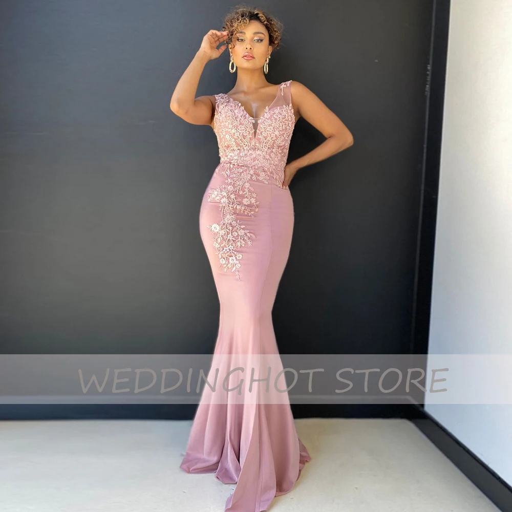 Pink Mermaid Evening Dresses 2025 Simple V-Neck Lace Applique Prom Gowns Elegant Satin Black Custom Party Dress robes de soirée 5
