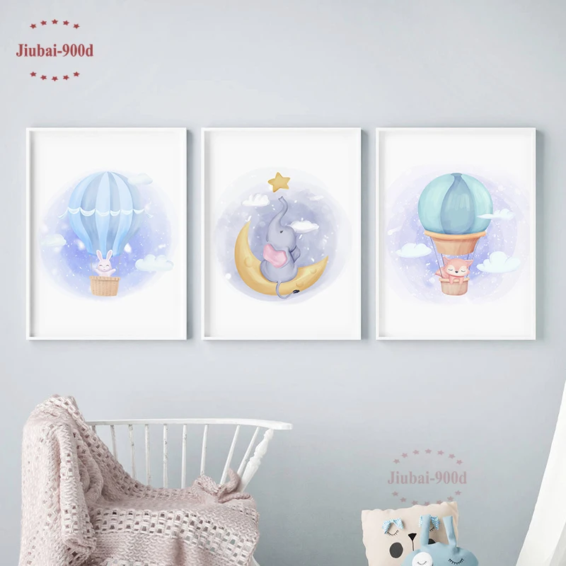

Baby Room Wall Decoration Cartoon Animals Elephant Hot Air Balloon Pictures Canvas Painting Nursery Wall Art posters and prints