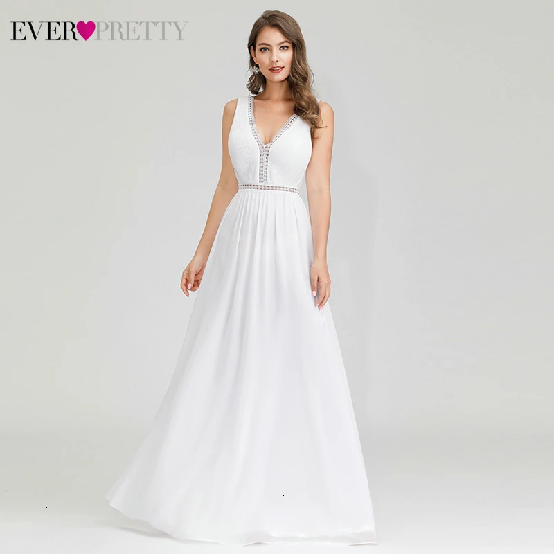 

Elegant White Evening Dresses Ever Pretty A-Line Double V-Neck Ruched Sleeveless Hollow Out Illusion Party Gowns Abendkleider