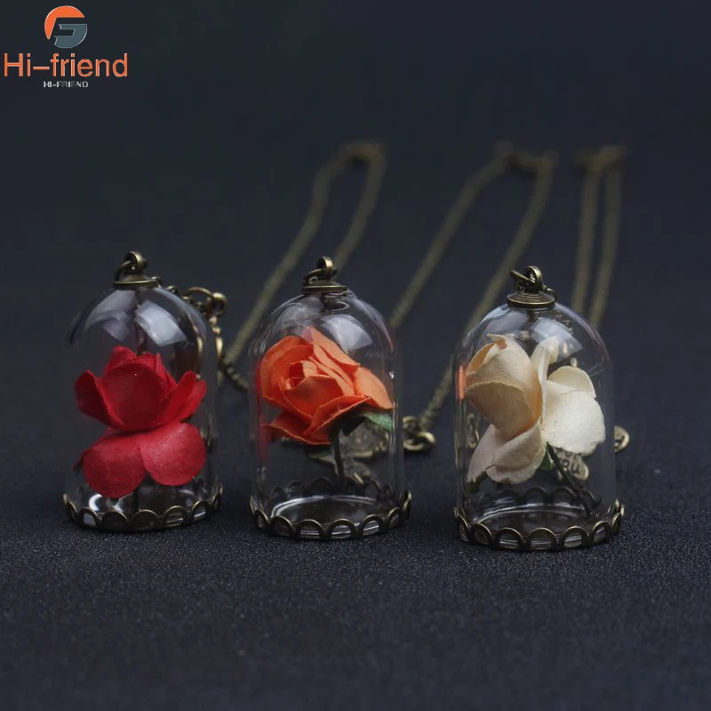 

SC Beauty And The Beast Necklaces Enchanted Rose In Terrarium And Mirror Charm Necklace Pendant For Women Men Jewelry