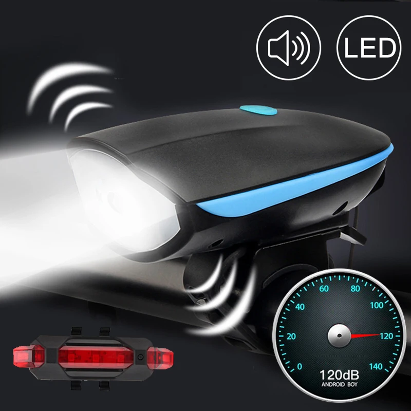 

120 DB Bicycle Headlight with Super Loud Bike Bell Horn Waterproof 3 Modes USB Rechargeable MTB Bicycle Front Light for Cycling