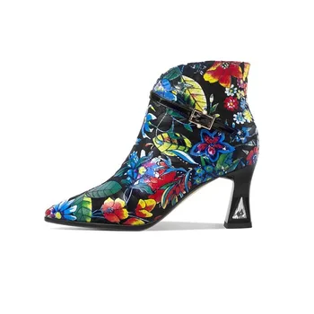 

US4-11 Womens Ankle Boots Printed Floral Mixed Colors Genuine Leather Shoes Pointed Toe Strange High Heel Plus Size Warm Winter