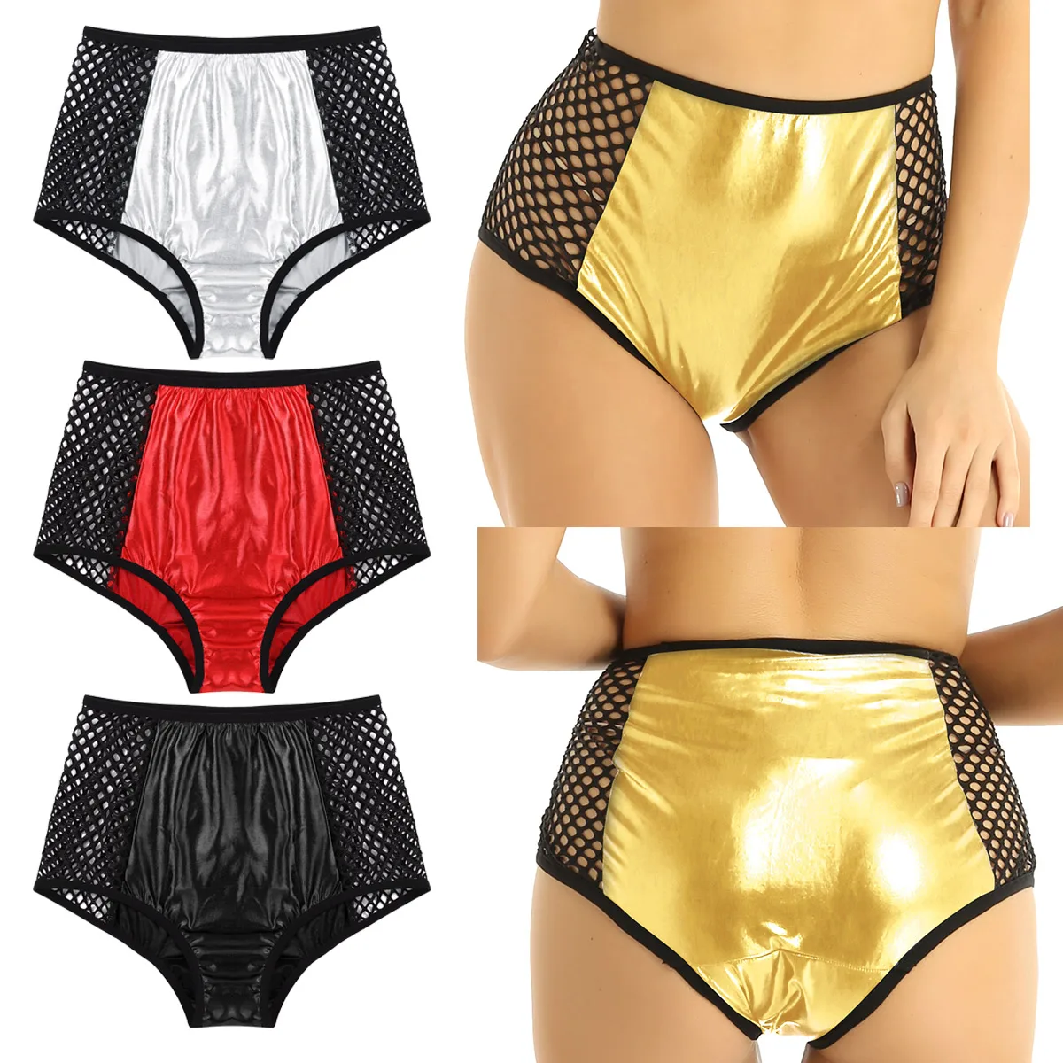 Women Shiny Metallic shorts sexy panties hot shorts High Waist Fishnet Patchwork for Dancing Raves Festivals Costumes