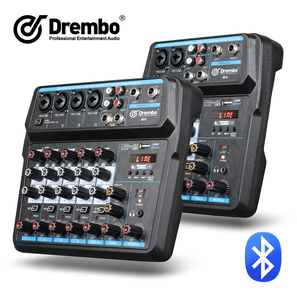  Drembo M-4/6 Protable Mini Mixer Audio DJ Console with Sound Card USB 48V Phantom Power for PC Reco