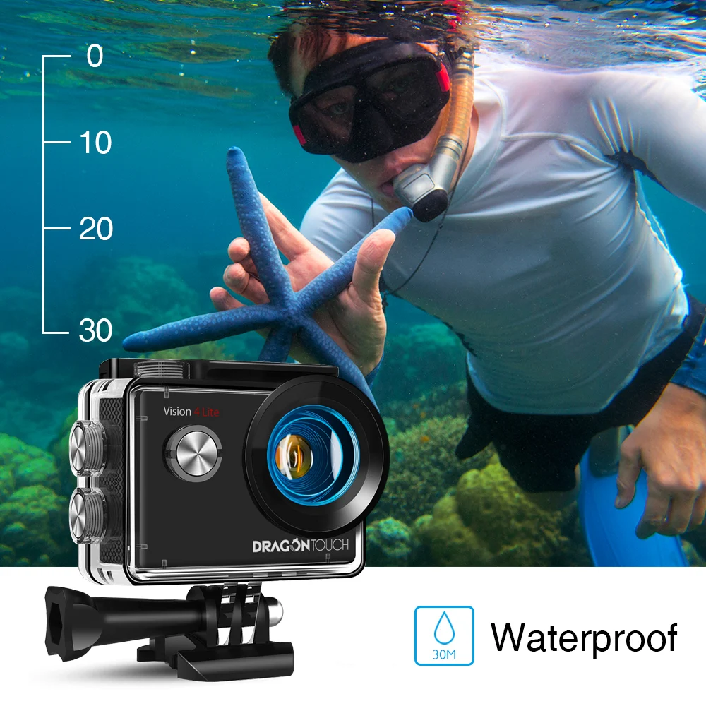 Экшн камера Dragon Touch 4K HD Vision4 Lite 20 МП EIS Подводная Водонепроницаемая экшн с Wi Fi и