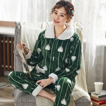 

Winter 2pcs Women Pajamas Sets Green Love Pattern Long Sleeve Pants Stripe Ladies Parkas Home Women Sleepwears Tops Pijamas