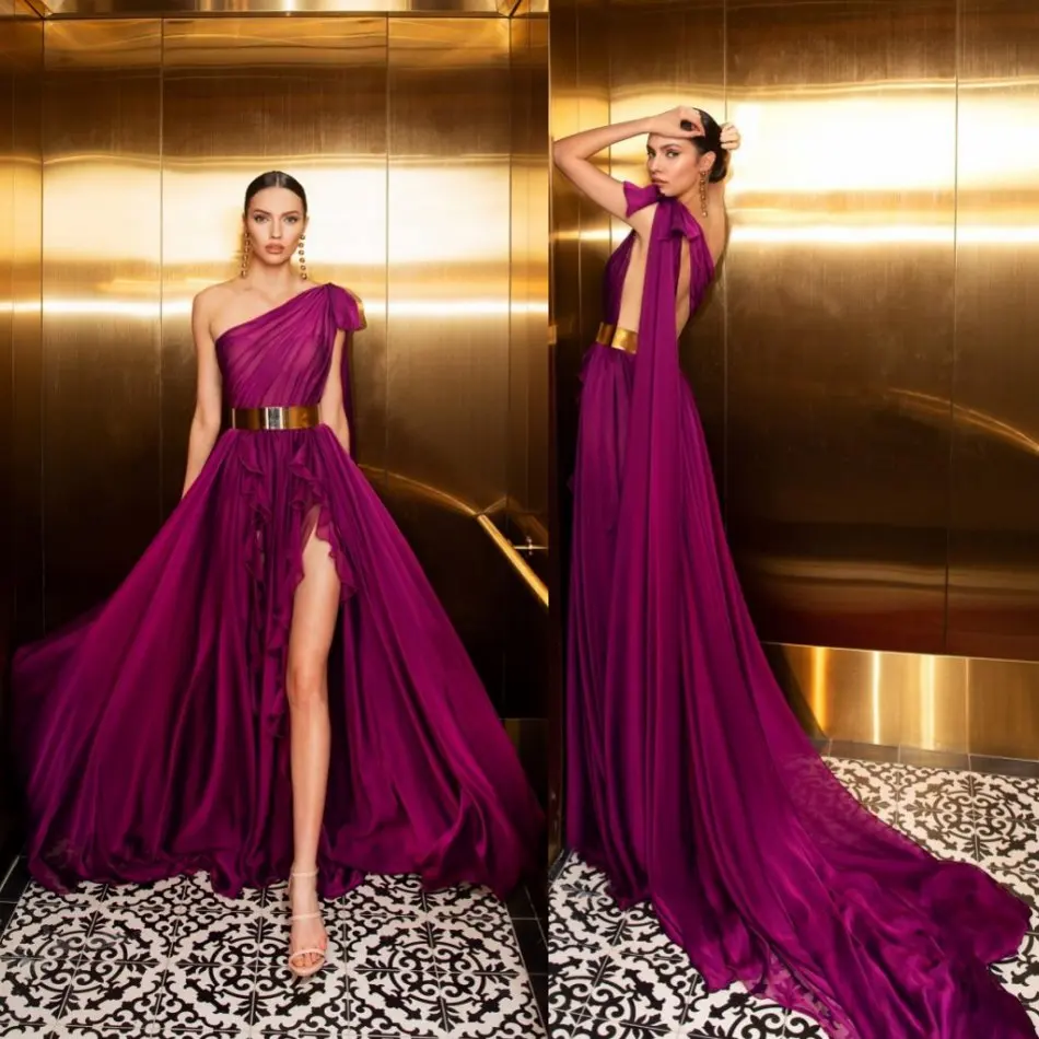 

2022 Classic Prom Dresses Purple One Shoulder A Line High Side Split Vestidos De Fiesta De Noche Belt Sweep Train Evening Dress