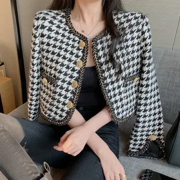 Crop Top Vintage para mujer, chaqueta de Tweed de lana de manga larga, abrigo corto para mujer, prendas de vestir de pata de gallo coreano 2020