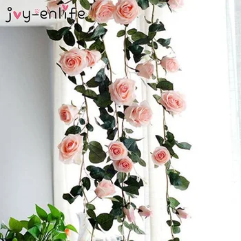 

2.4m Silk Artificial Roses Flowers Rattan String Vine with Green Leaves For Home Wedding Garden Decoration Hanging Garland Wall