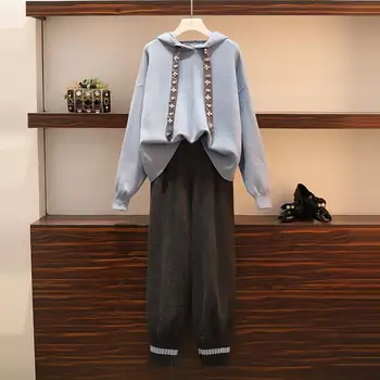 

HAMALIEL Large Size Sweater 2 Piece Set Fall Winter Diamonds Bow Knitted Hooded Loose Pullover Tracksuits And Pencil Pants Set