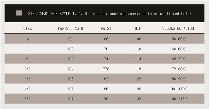 Style 4、5、6 Size Chart