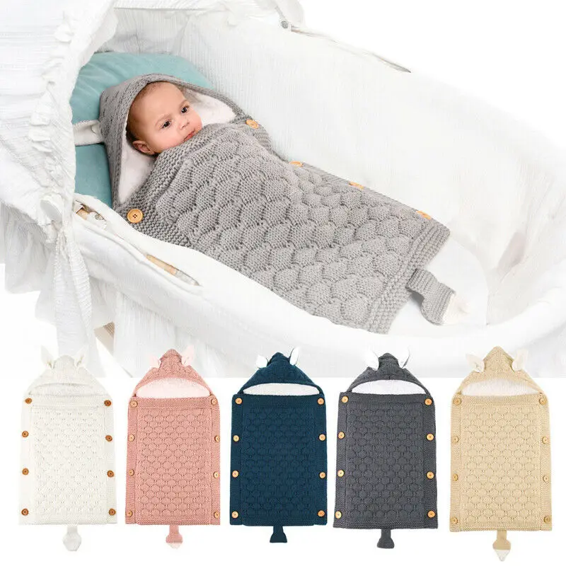Newborn Baby Boy Sleeping Bag Infant Knitted Hooded Swaddle Wrap Swaddling Blanket Babe Girl