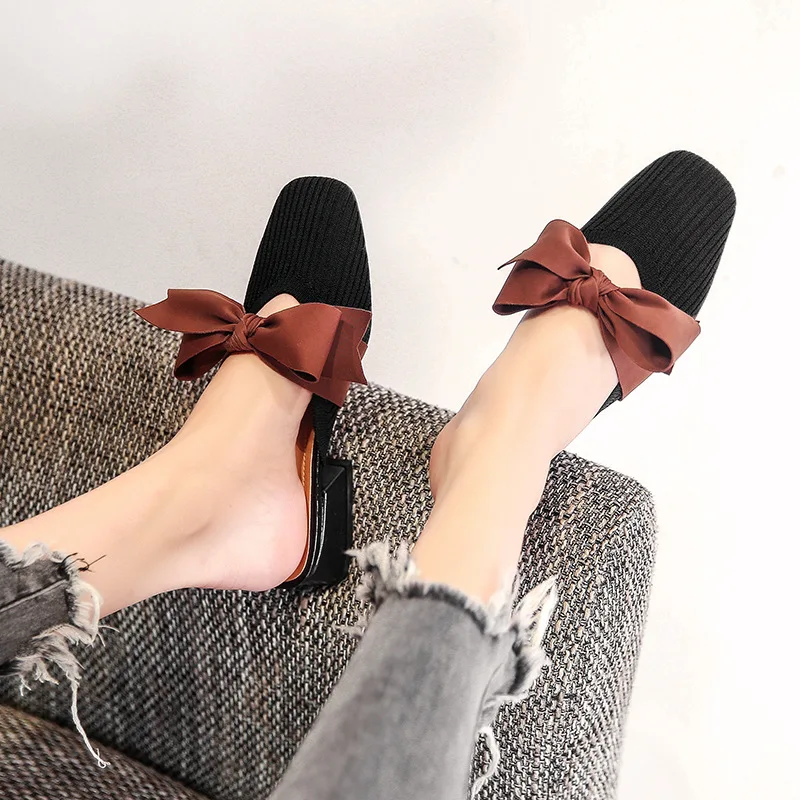 knitting square close chunky mules slides trendy casual bow-knot shallow slingback loafers breathable fly weave slippers autumn