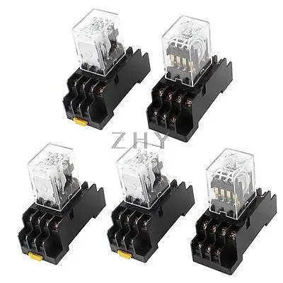 

5 Pcs DC 220V Coil 4PDT Green LED General Purpose Power Relay w Socket Base