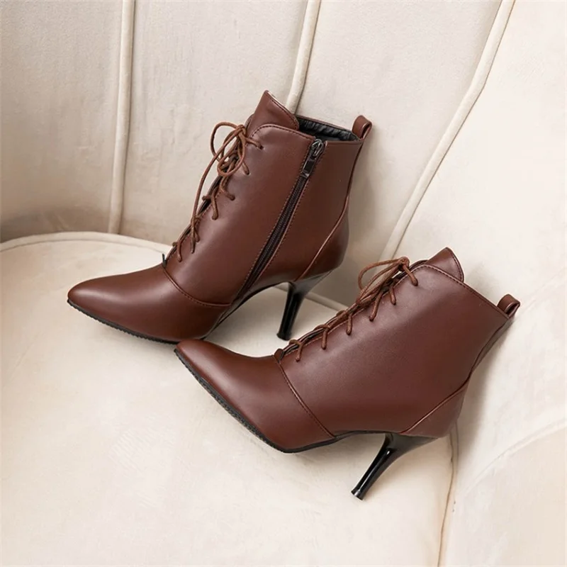 

Women's Solid Color Lace Up Short Boots 2021 Autumn And Winter New European And American Pointed Thin Heel Versatile Nude Boots