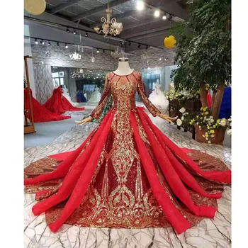 

BGW 22725ht Luxury Shiny Women Occasion Dress O-neck Long Sleeves Lace Up Back Golden Lace Evening Dresses Long With Long Train