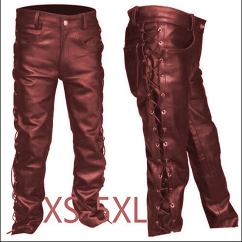 Men Trousers Leather Pants Lace Up Leather Pants Motorcycle Punk Costume For Men Winter Big Tall
