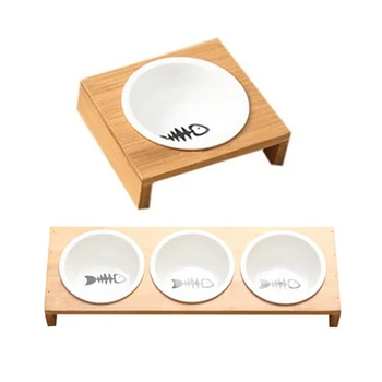 

2 Pcs Fashion Cat Dog Feeders Bowls Bamboo Tableware Ceramic Pet Food Water Bowl Anti Skid Dog Cat Bowl, S & L