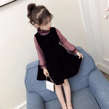 

Two-Piece Sleeveless Dress Long-Sleeved Turtleneck Shirt Girls Cotton Lace Velvet Vest Princess Dresses Spring Autumn 3-9Y