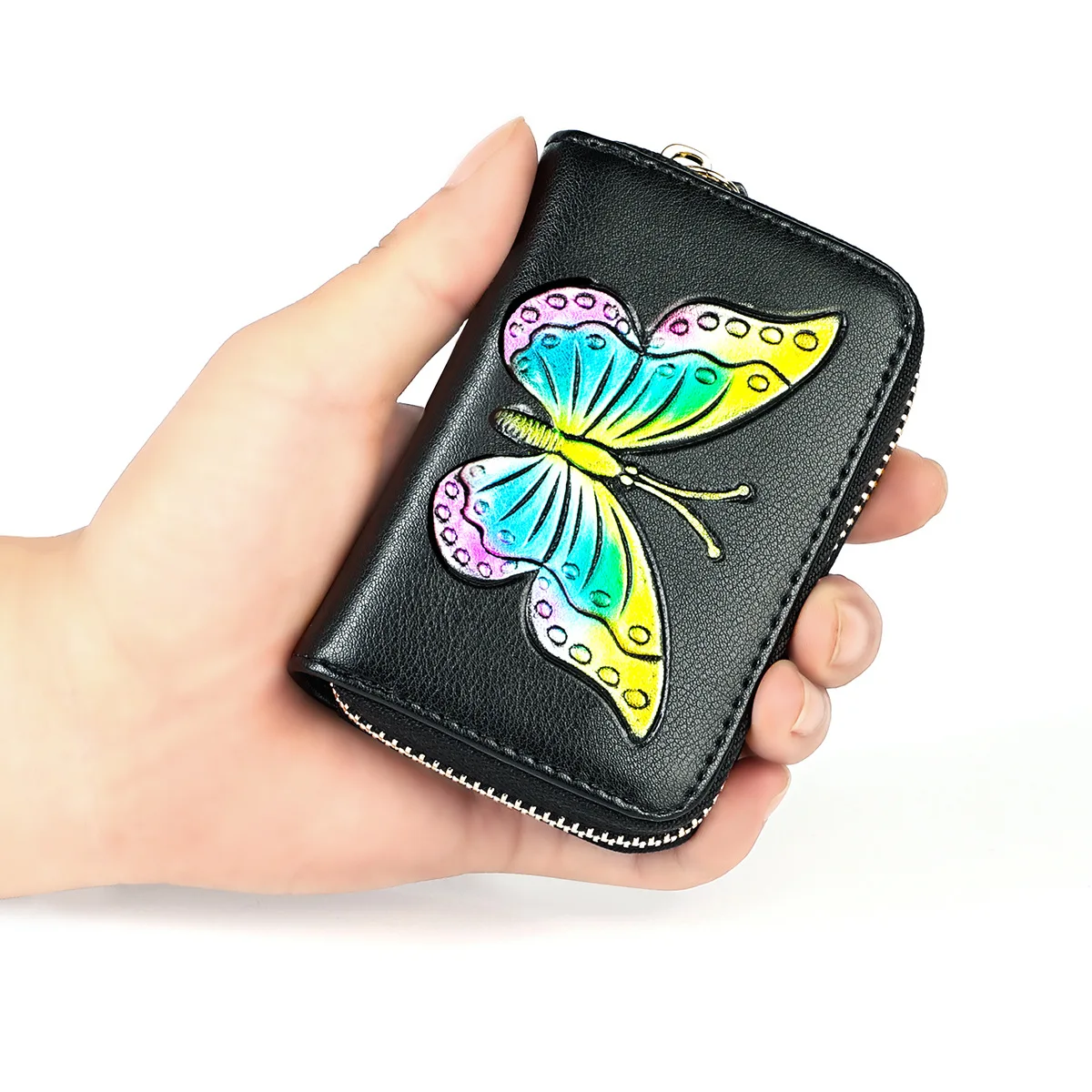 

Hot Selling Women's Multi Card Bit RFID Organ Wallet Genuine Leather Fashion Coloured Drawing Rose Zipper Mini Small Card Holder