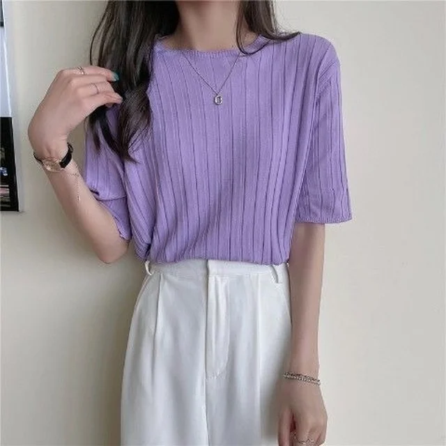 T-shirts Women O-neck Y2k Preppy Style Ins Streetwear All-match Candy Colors Daily Popular Knitted Fit Sweet Ladies Tops Summer 3