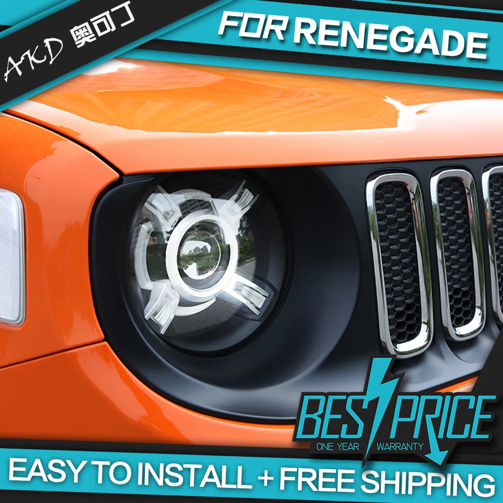 

АКД автомобилей Стайлинг фар для джипа Renegade 2015-2018 фары светодиодный ходовые огни биксенон интенсивность пучка Противотуманные фары с ангельскими глазками авто