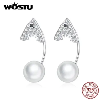 

WOSTU New Design 925 Sterling Silver Shark Drop Earrings For Women Clear Zircon Pearl Earrings Party Fashion Jewelry DXE773