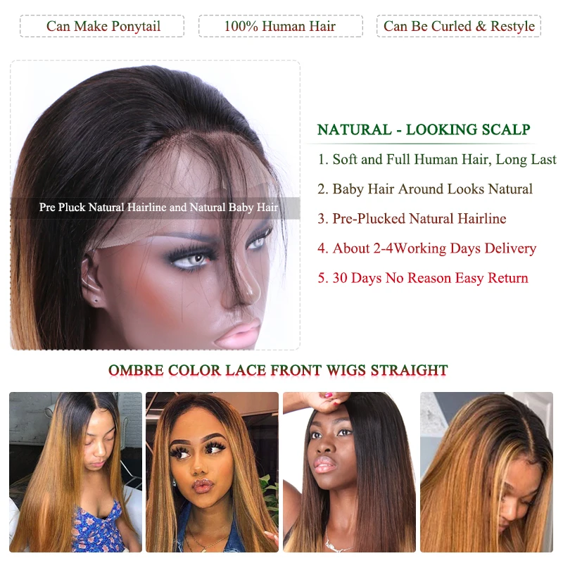 Lace Front Human Hair Wig Straight Highlight Ombre Hair Pre Plucked Hairline Bleached Knots Brazilian Remy Hair Wigs Queen Hair