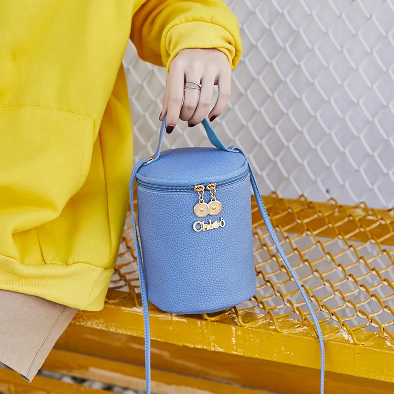 

Personality Round Women Bag Blue Single Shoulder Bag Cylindrical Handbag Mobile Mini Beach Bag Pure Color Bag purses and handbag