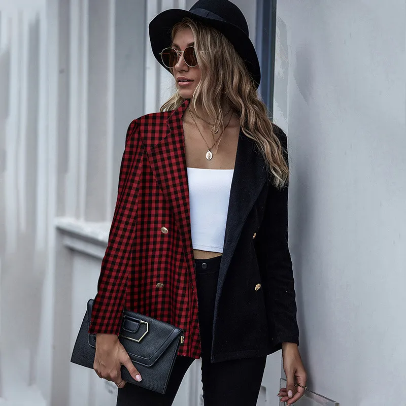 Fashion Autumn Women Plaid Blazers and Jackets Work Office Lady Suit Slim Double Breasted Business Female Blazer Coat Talever