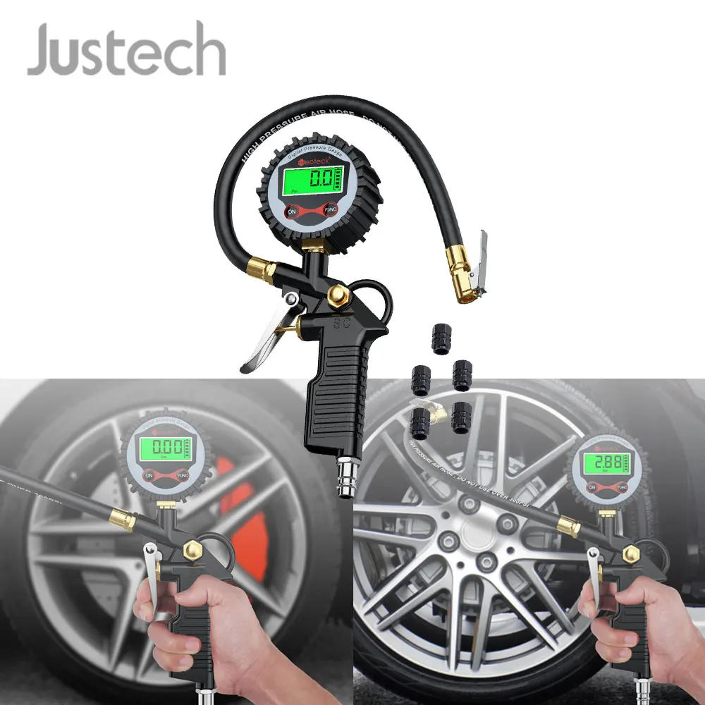 Цифровой манометр для шин Justech измеритель давления в шинах с 5 черными колпачками